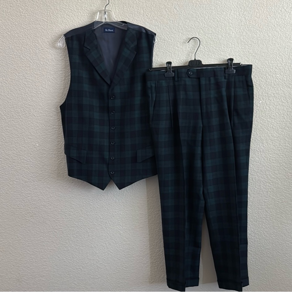 Paul Fredrick Navy and Green Plaid Vest & pants
